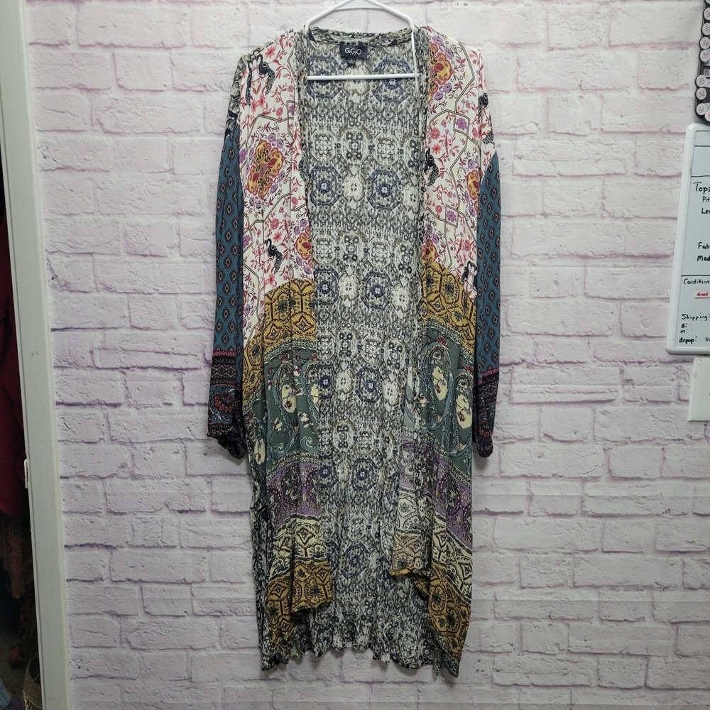 GiGio Open Front Floral Kimono Cardigan Womens L Hippie Boho‎ Duster Lounge